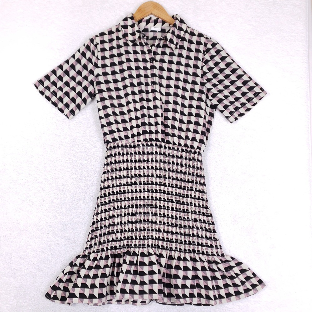 Jacqueline De Yong Smock Shirt Dress Womens 36 Retro Geometric Op Art Pink Black